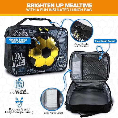 Decorably 2Pc Set Soccer Backpack for Boys with Lunch Bag with Metallic Black and Gold Design, Multi-Compartment Kids Soccer Backpack with Lunch Bag4
