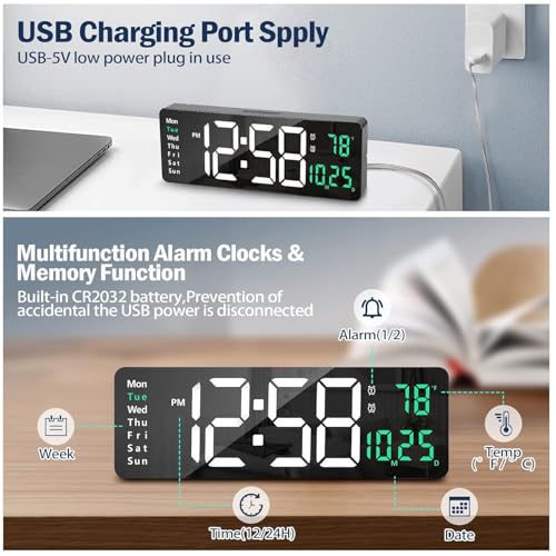 Image of Multifunctional Digital Wall Clock Alarm Clock LED Clock with Remote Control Large Display with Date Week & Temperature Large Silent Wall Clocks for Home Office Gym Garage Shop