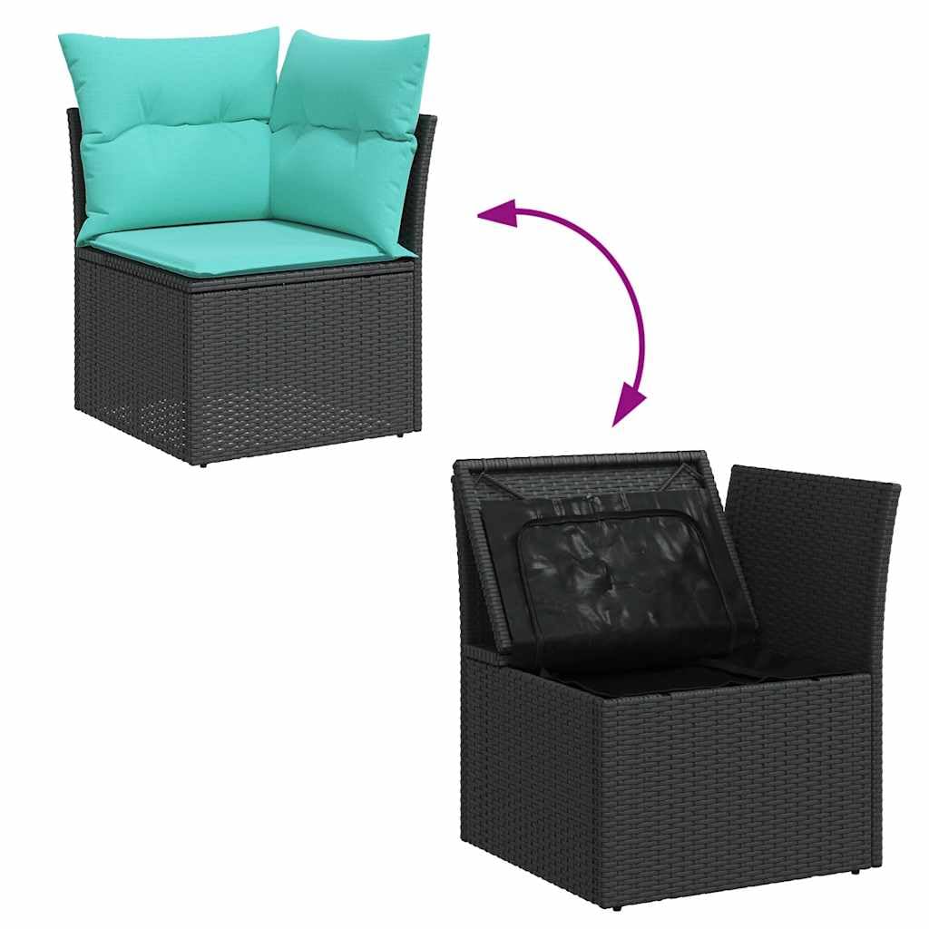 Juego de muebles de jardín de ratán de 8 piezas, muebles de jardín con espacio de almacenamiento, incluye cojines de asiento y respaldo, conjunto modular para terraza y jardín, color negro y