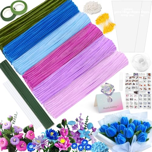CYJJYZ Bricolage Pipe Cleaners Set,300 Pcs Fil Chenille,Cure Pipe Chenille,Fils Chenilles Loisirs Creatifs,avec Tige Fleur,Papier Cadeau,Floratape,etc,Adapté DIY Bouquet de Fleurs et de Décoration