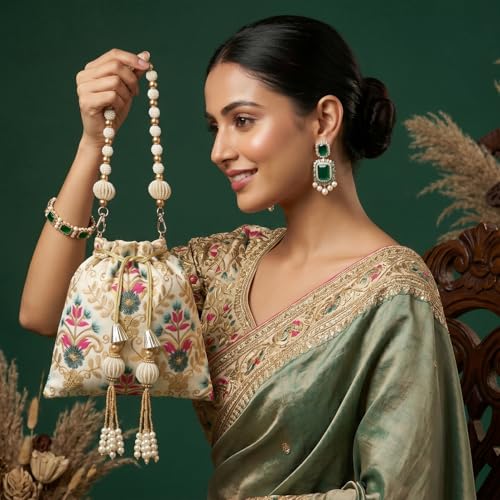 Image of LONGING TO BUY Indian Embroidered Pearl Potli Bag For Women, Sequence Design with Tassel, Wedding Potli Bags