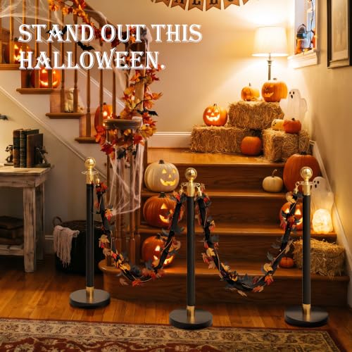 Image of 4 Pack Halloween Black&Gold Stanchions and Velvet Ropes Set, Stainless Steel Crowd Control Barriers, 3Pcs Black Ropes and Poles for Party Supplies,Photobooth Accessories, Prom,Halloween Decorations