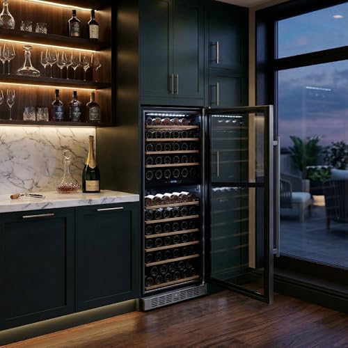 Image of Empava 24 inch Dual Zone Wine Cooler Refrigerator with Reversible Glass Door, Freestanding or Built In Tall Fridge with LED Light, Touch Control, 119 Bottles Capacity