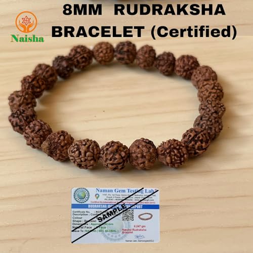 NAISHA Certified Original 5 Mukhi 8MM Rudraksha Bracelet, Stretch Bracelet, Authentic Genuine Natural Rudraksh for Man & Women with Lab Certificate.3