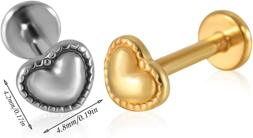 16G Tiny Heart Cartilage Stud Earrings for Women Cute Stainless Steel Internally Threaded Flat Back Earrings Studs Labret Monroe Lip Rings Conch Helix Tragus Cartilage Piercing Jewelry - Image 6