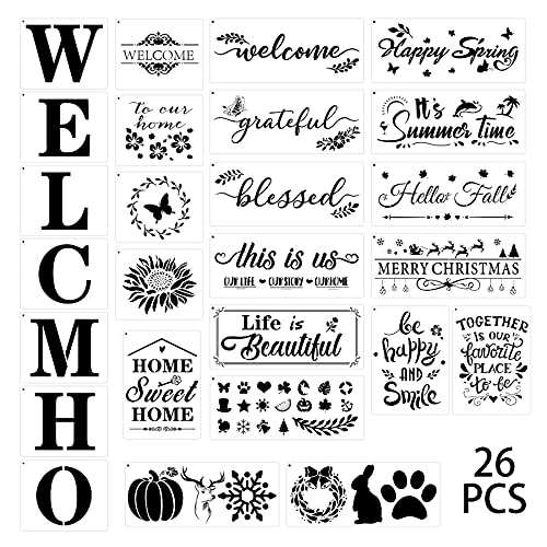 26 Pcs Welcome Stencils Set Artistic Diy Lettering Painting Aid Reusable Pet Drawing Templates For All Seasons Wood Art Porch Sign Wall Décor #TOP7