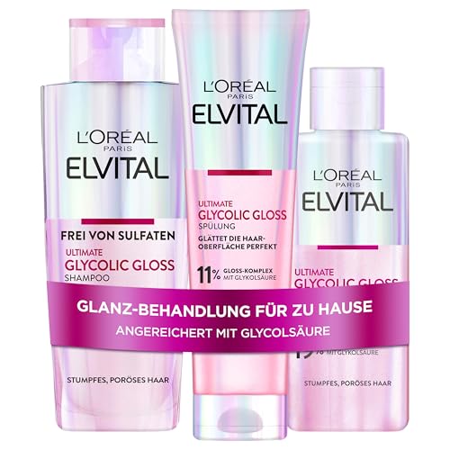 L'Oréal Paris Elvital Glycolic Gloss Bundle mit Shampoo, Spülung, 5 Minuten Haar-Laminierung für glanzloses Haar, Pflegeroutine für gesunde Haare und starken Glanz, Set mit Glykolsäure, 3-teilig