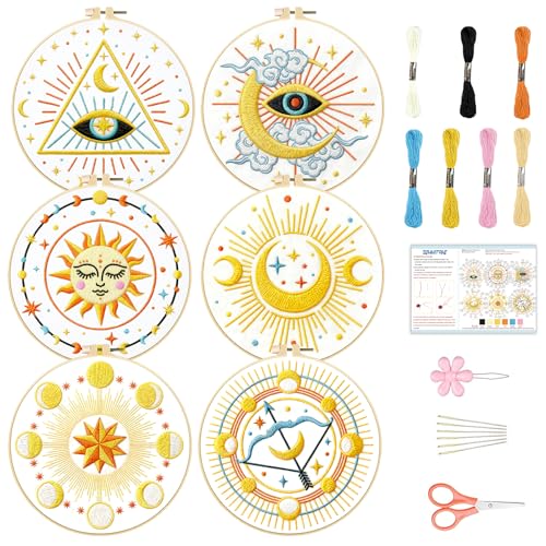 Image of BEUNITONE 6Set Tarot Embroidery Kit for Beginners with Dreamy Pre-print Patterns, DIY Craft Kits for Adults Women with Embroidery Hoops and Full Kits, Needlepoint Kits for Home Decor and Gifts 20x20cm