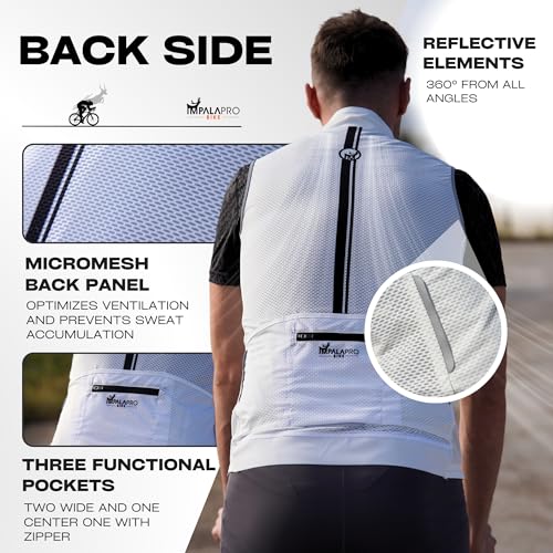 IMPALAPRO Fahrradweste Herren Winddichte und Atmungsaktive Radweste Herren für Rennrad & MTB – Ultraleichte Fahrrad Weste Herren mit Reflektoren & Taschen (M, Weiß)