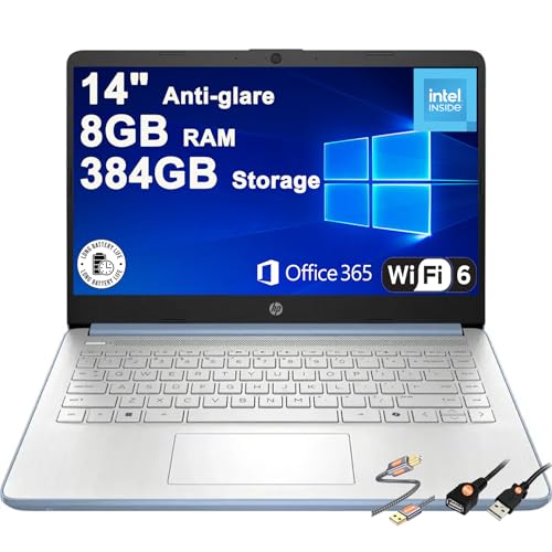 HP 14 軽量 ビジネス & 学生 ポータブル ノートパソコン 14インチ HD アンチグレア インテル 4コア N150 8GB RAM 384GB ストレージ (128GB UFS + 256GB SDカード) 長寿命バッテリー Office365