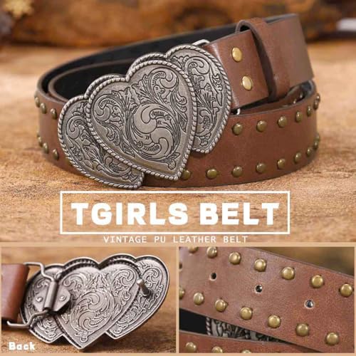 Tgirls Western Belts for Women Vintage Leather Belts Cowgirl Belt with Heart Buckle3