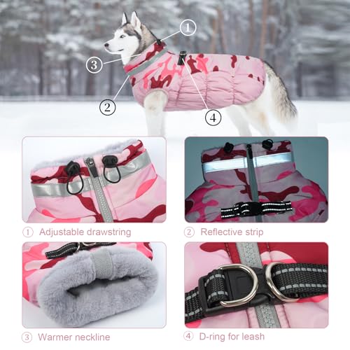 Image of Lelepet Dog Winter Coat Dog Coats for Large Dogs Waterproof Dogs Jacket | Reflective Cold Weather Coats with Harness Windproof Zip-Up Winter Fleece Vest Pet Snowsuit Boxer Pink Camo XL