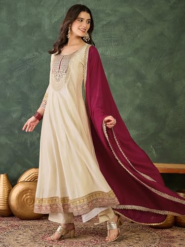 Image of Naixa-Women's Vichitra Silk with Lining Embroidered Flared Kurta with Pant and Dupatta Sets (NX-881)