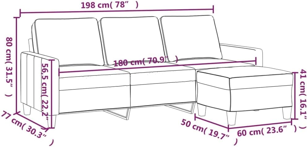 Dimensions of vidaXL 3 Seater Sofa with Footstool