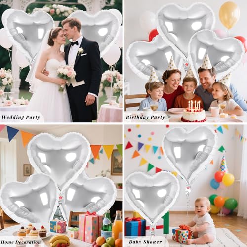 Image of 6 Pcs 32 Inch Silver Heart Balloons, Giant Heart Shape Foil Balloons Love Balloon Valentine Balloon for Birthday Party Wedding Engagement Party Baby Shower Valentine Day Decorations