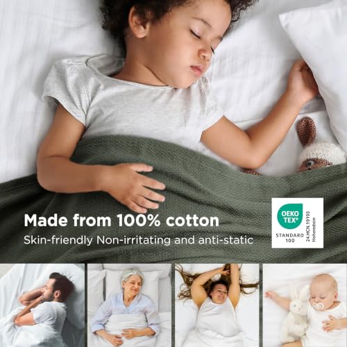 Image of Bedsure 100% Cotton Blanket, Herringbone Weave, Throw XL, Olive Green