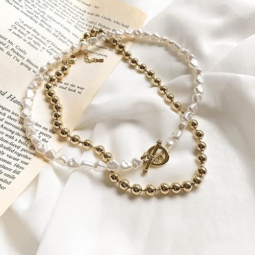 Viewlap 2 Layers Paper Clip Shell Pearl Ball Layered Necklace Baroque Irregular Pearl Choker Toggle Necklace Set Wedding Party For Women Pretzel Pearl Ball Layered Necklace #TOP5
