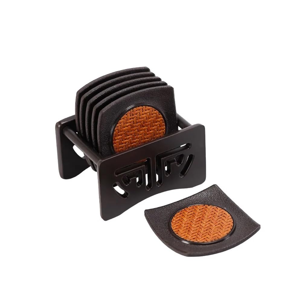 Posavasos de aislamiento térmico, tejido de bambú redondo de estilo chino, tapete hecho a mano para juego de té y tazas de café. 6 piezas con estante de almacenamiento (6 juegos G)
