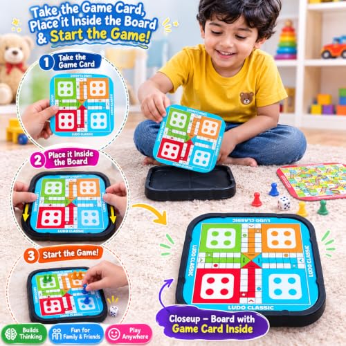 Image of Wishkey 12 in 1 Family Board Games for Kids 5+ Years Travel Board Game Set with Ludo, Snakes & Ladders, Chess, Tic Tac Toe, Housie & 7 More Games Educational Indoor Games for Boys, Girls & Family
