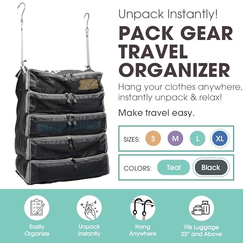 Pack Gear Hanging Suitcase Organizer - Our XL Hanging Luggage Organizer Perfectly Fits Any Suitcase - Our Packing Cubes For Travel Use Mesh Windows to Make Finding Any Outfit Easy (Black, XL)2