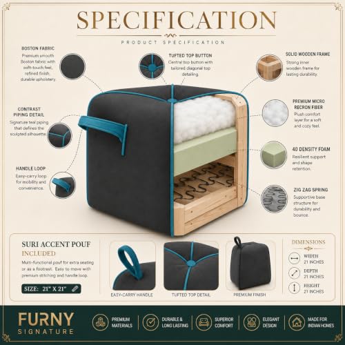 Image of FURNY Signature Regalia Suri Accent Pouf | Boston Fabric | 40D High-Density Foam | (Ash Grey with Ocean Blue Piping) | Footrest, Vanity Ottoman & Accent Seat for Home, Office & Hotel