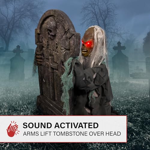 Image of Haunted Hill Farm Tombstone Lifter by Tekky, Battery-Operated, Sound Activated Animatronic Zombie with Sound Effects and Lights for Indoor or Covered Outdoor Creepy Halloween Decoration