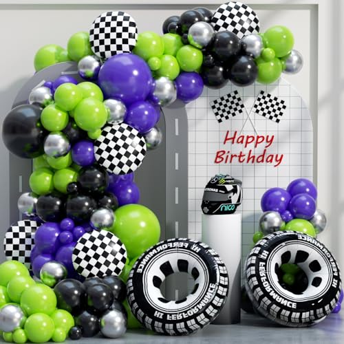 Image of Monster Truck Balloon Arch Garland Kit 156pcs, Green Purple Black Silver Big Wheels Race Car Balloons Arch Kit for Two Fast Theme Boy Birthday Anniversary Monster Truck Party Decorations
