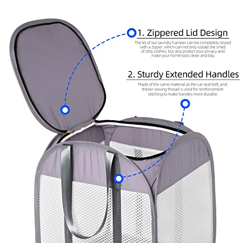 1.5 Loads, Pop-Up Laundry Hamper With Extended, Thickened And Reinforced Handles, Tear Proof, Laundry Basket With Zipper Lid, Use Ykk Zipper, Honey Comb Mesh, Breathable, 14.9"*14.9"*21.6" (White) #TOP4