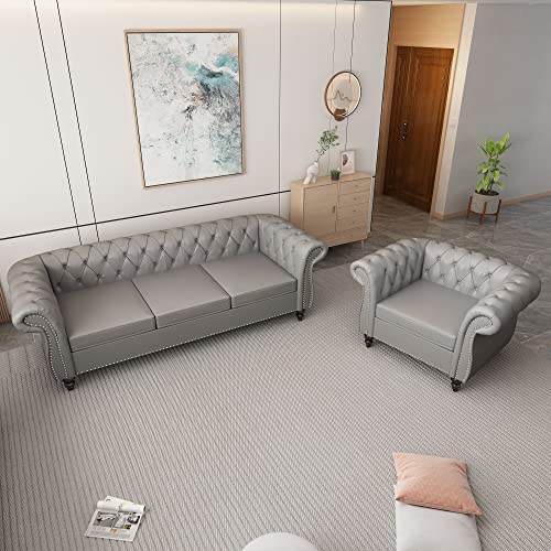 Image of ORRD 2 Piece Living Room Set, Chesterfield Leather Sofa Loveseat Couch Chair with Scroll Arms and Nailhead for Living Room, Office (Grey)