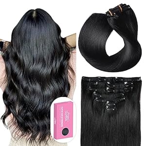 SUYYA Clip in Hair Extensions Real Human Hair, 16 inch 120g Jet Black Clip in Hair Extensions Human Hair Straight Human Hair Clip ins Double Weft Hair Extensions Clip ins(16 inches #1 Jet black)