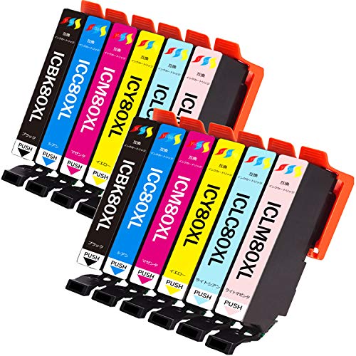 ic6cl80l*2パック12本セットエプソンEP-707A/ EP-708A/ EP-777A/ EP-807AB/ EP-807AW/ EP-807AR/ EP-808AB/ EP-808AW/ EP-808AR/ EP-907F/ EP-977A3/ EP-978A3/ EP-979A3/ EP-982A3用epson 互換インクカートリッジ 80lとうもろこし増量版