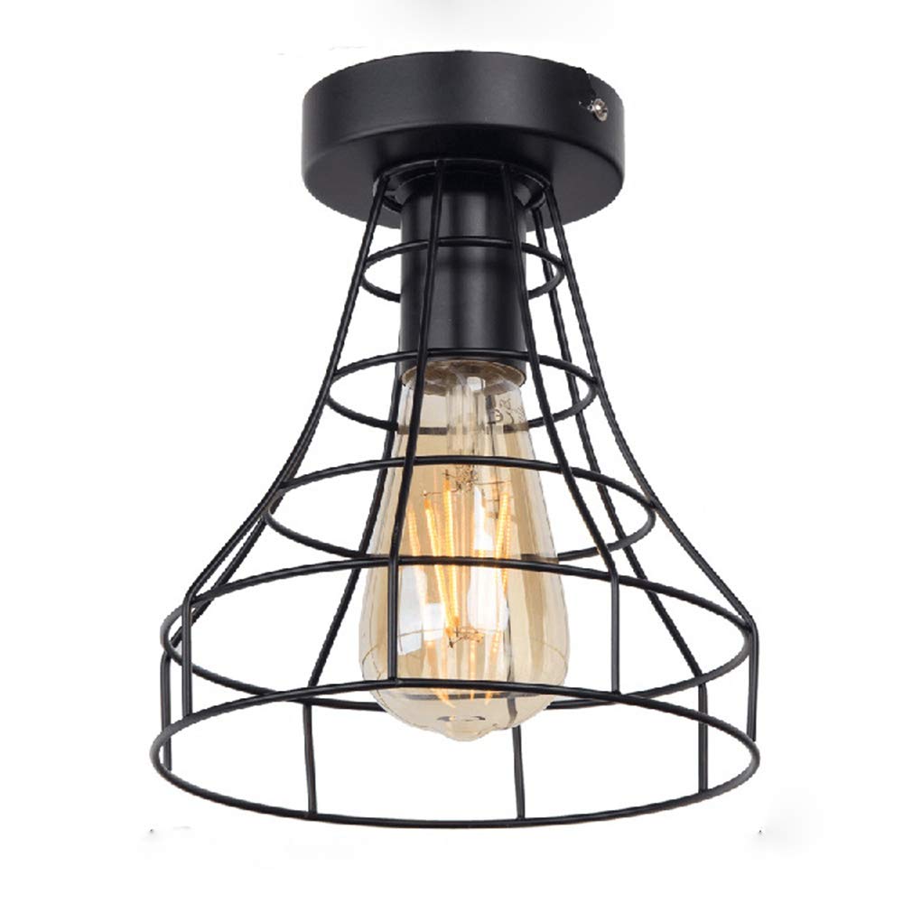 Mengjay Vintage Semi Flush Mount Ceiling Light,Black Hallway Ceiling Lights Metal Cage Ceiling Lampshade, Industrial Vintage E27 Pendant Light for Living Room Kitchen Bedroom (E)