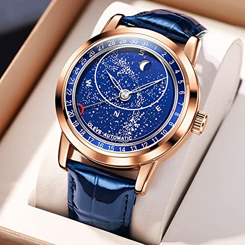 Olevs Men Watch Starry Sky Moon Phase Automatic Mechanical Fashion Dress Blue Leather Strap Blue Face Waterproof Luminous Wrist Watches #TOP1