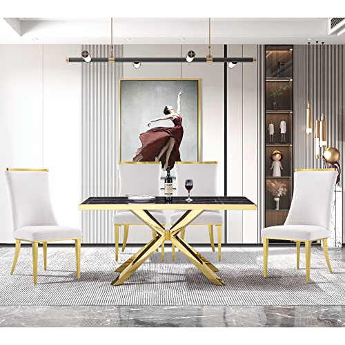 Azhome Dining Chairs, Dining Room Chairs With Diamond Quilted Backrest In White, Contemporary Upholstered Velvet Dining Room Chair Gold Stainless Steel Legs, Set Of 2 #TOP6