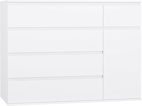 Miniatura 7 de FOTOSOK Cómoda de 5 cajones cómoda blanca para dormitorio cómoda moderna de mediados de siglo cómoda doble cómoda de almacenamiento con puerta