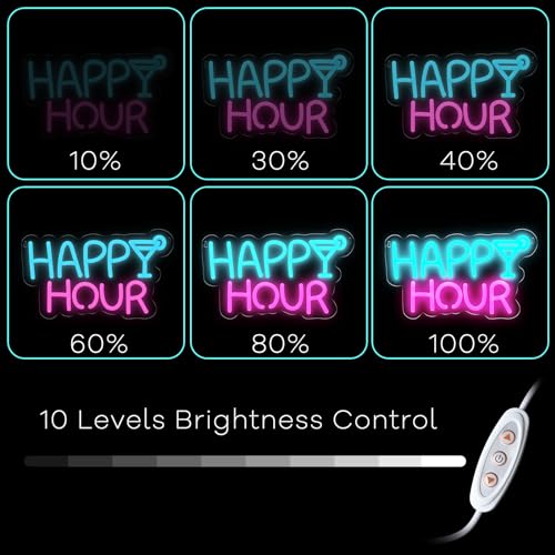 Image of Happy Hour Neon Sign, Art Letter Shape Led Neon Light for Wall Decoration Blue and Pink USB Outdoor Dimmable Ambient Neon Light Signs for Birthday Party, Family Gatherings, Bar Celebration