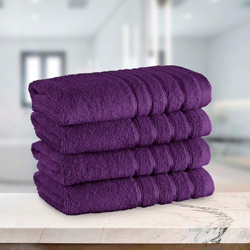 Image of Elegant Comfort 100% Turkish Cotton 4 Lines Viscose Stripe Luxury 4 Pack Hand Towel Set - Ultra Absorbent and Soft 16 x 28 Inch Premium Hotel Spa Quality Towels for Everyday Bath Use, Purple