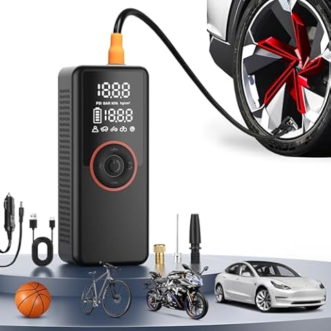150 PSI Tire Inflator Portable Air Compressor, 7500 mAh Battery and 12v Dc Dual Power Supply Portable Tire Inflator Pump, One-Touch Smart Tire Inflator for Balls Cover