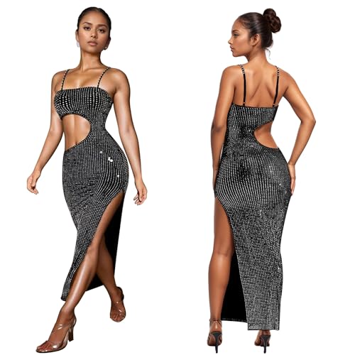 Image of PORRCEY Women's Sexy Rhinestone Mesh See Through Party Night Prom Dress