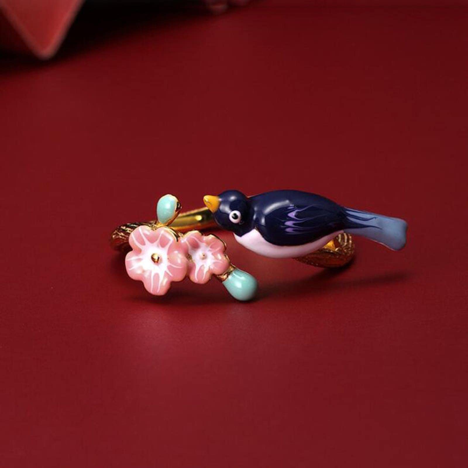 SALAN Nuevo Esmalte Pájaro Rosa Flor Abierto Ajustable Anillos De Mujer 925 Joyería De Plata Esterlina Lindo Accesorios De Anillos De Dedo De Urraca