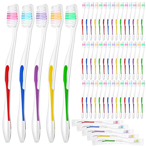150 Pack Toothbrushes Bulk Travel Toothbrush Kit Disposable Medium Bristle Tooth Brushes Individually Wrapped Toothbrush Soft Toiletries for Travel Hotel Guests Homeless Use, Multi Colors