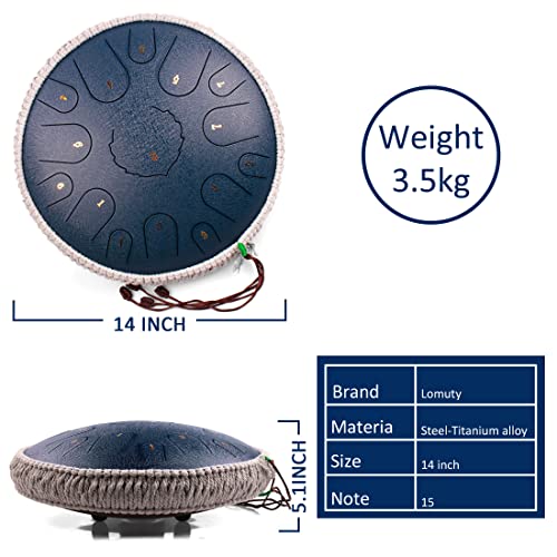 LOMUTY Steel Tongue Drum,15 Notes 14 inch D-Key Steel Drums for Adults Hand pan Drum with Bag, Music Book, Mallets, Finger Picks,Tongue Drum Metal Drum Instrument for Meditation Yoga (Navy) - Thumbnail 3