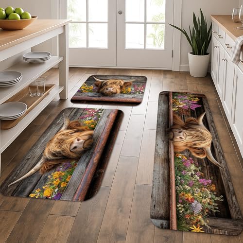 Rustic Floral Kitchen Mats for Floor, Highland Cow...