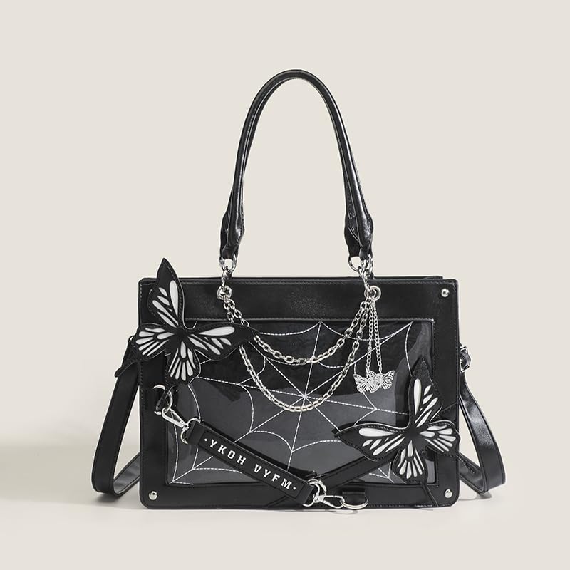 Butterfly Handbag, Large Capacity Square Handbag, Gothic Spider Web Black Series Leather Bag2
