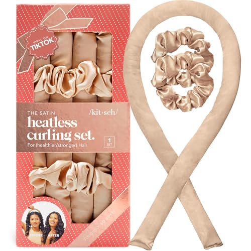 Kitsch Satin Heatless Hair Curler Set - Heatless Curls Overnight, Hair Rollers for Soft Curls &amp; Frizz-Free Styling, No Heat Curlers To Sleep in, Curling Rod Headband with 2 Scrunchies - Champagne