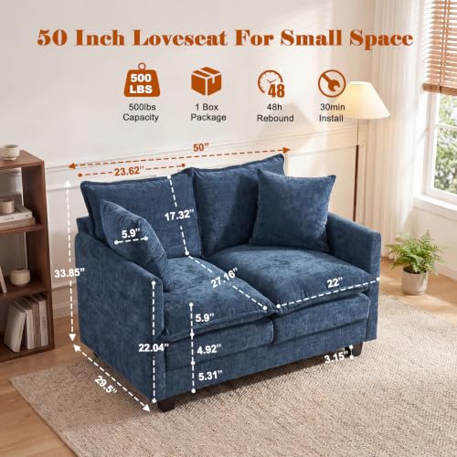 Image of 50'' Loveseat Sofa Set, Small Couch Set 2 Piece Cloud Love Seat with 27 inch Deep Seat Washable Chenille Pillows Couches for Small Spaces Apartment Living Room, Blue