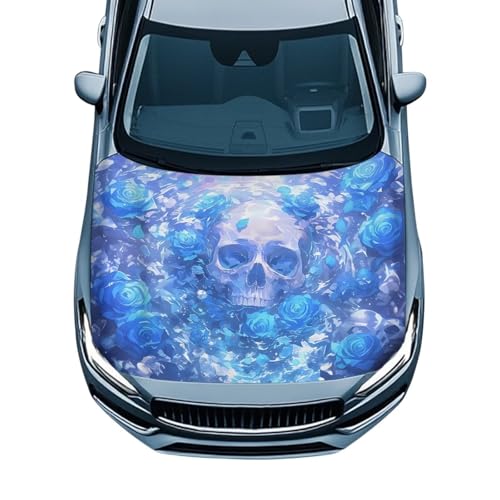 Image of Blue Rose Skull Car Hood Cover, Car Bonnet Banner, Universal Fit