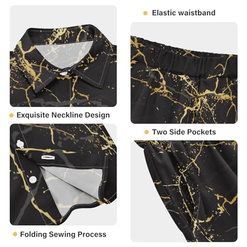 Image of Sunflower Floral Yellow Black Short Sleeve Hawaiian Button Down Shirts and Short Sets for Boys Toddler Summer Outfits