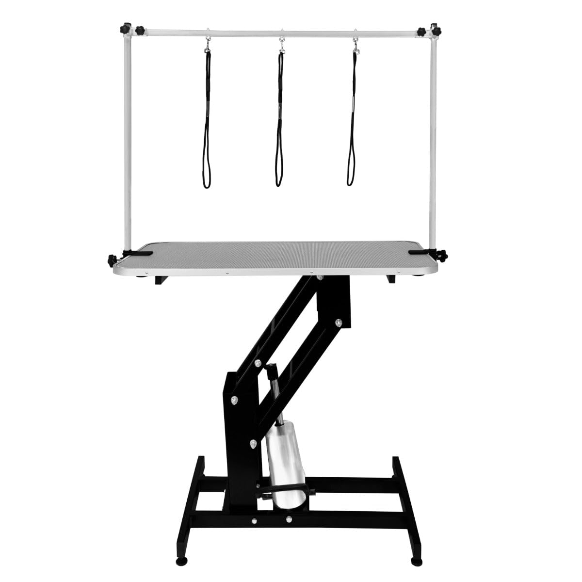 Mesa de Aseo Hidráulica Altura Ajustable Capacidad de 180kg Amplia Superficie de Goma 106cm x 61cm Resistente Estructura de Acero 4 Patas Estables Adaptables 3 Lazos para Sujeción [Negro & Gris]