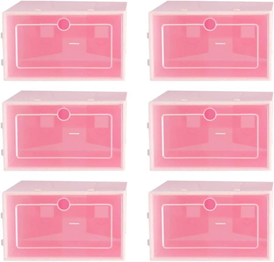 6pcs Stackable Shoes Storage Boxes Large Size Thickened Plastic Shoe Containers Pink for Closet Organization and Entryway Storage